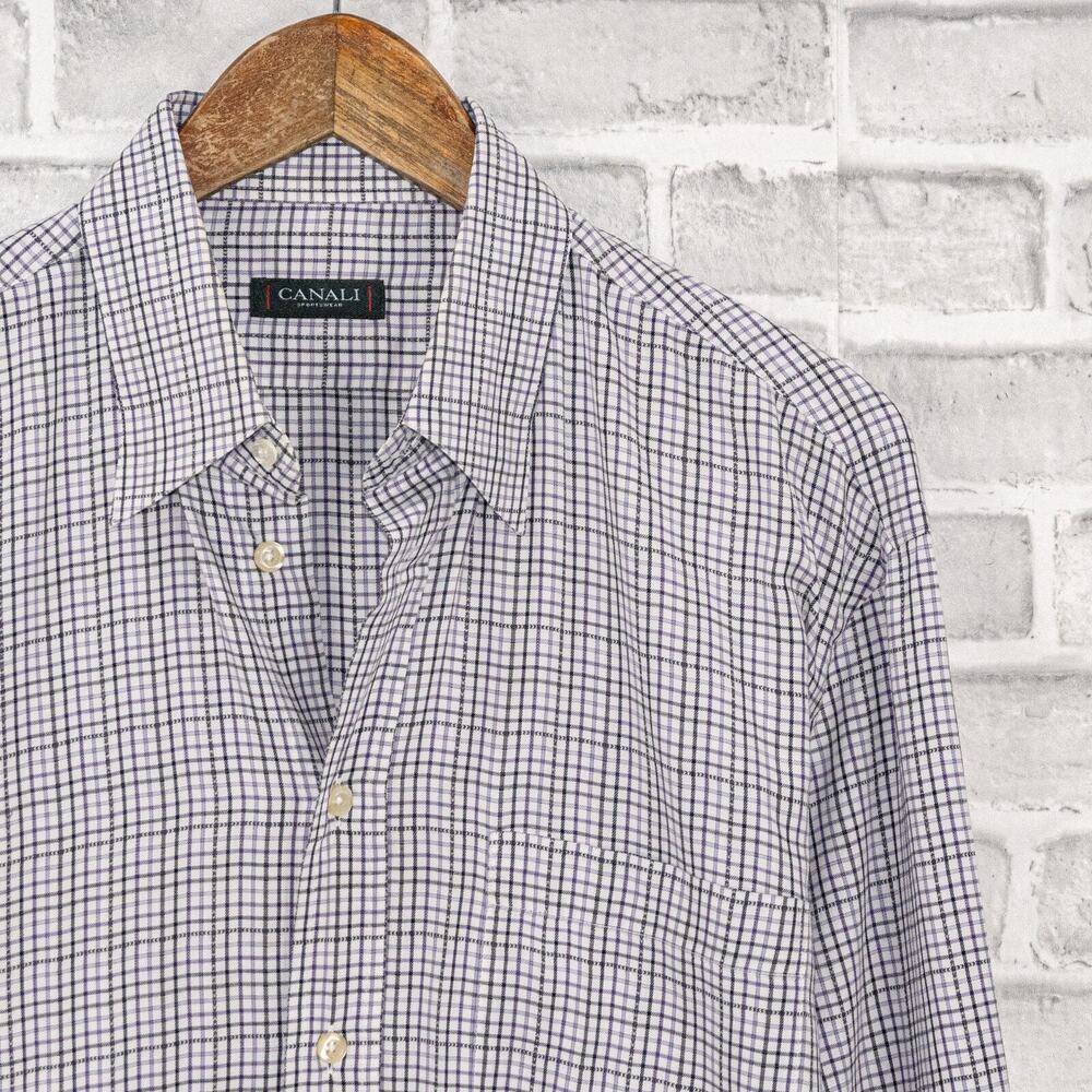 CANALI Sportwear Men's Button up Shirt Purple Black Grid check sz Large
